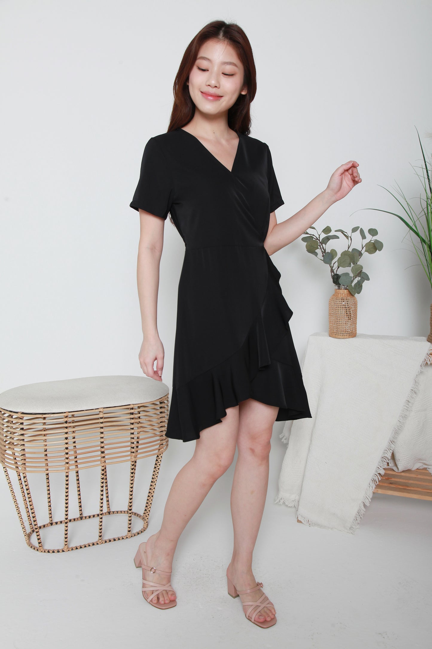 V-neck Asymmetrical Ruffle Wrap Dress (Full Wrap Dress)