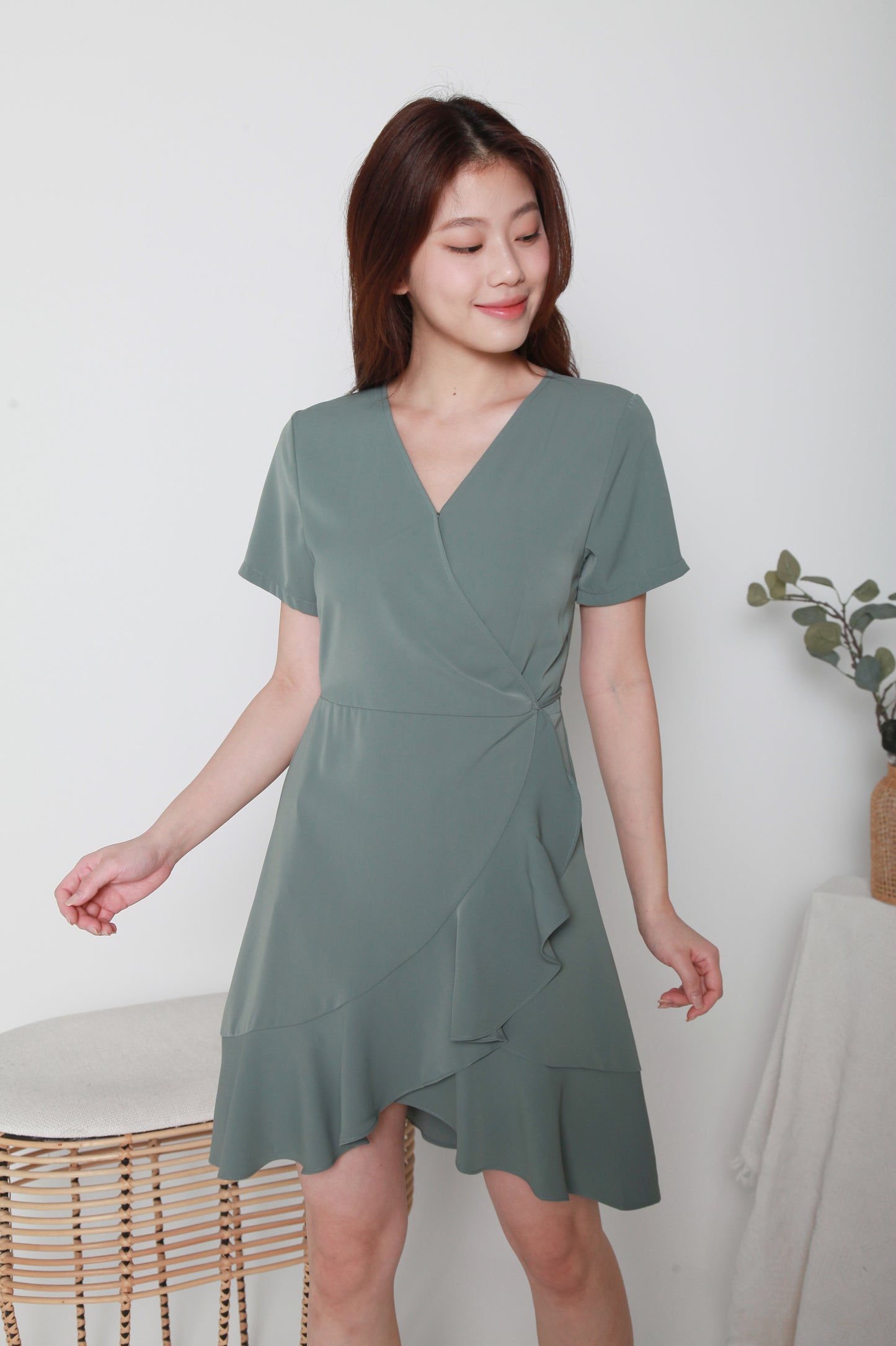 V-neck Asymmetrical Ruffle Wrap Dress (Full Wrap Dress)