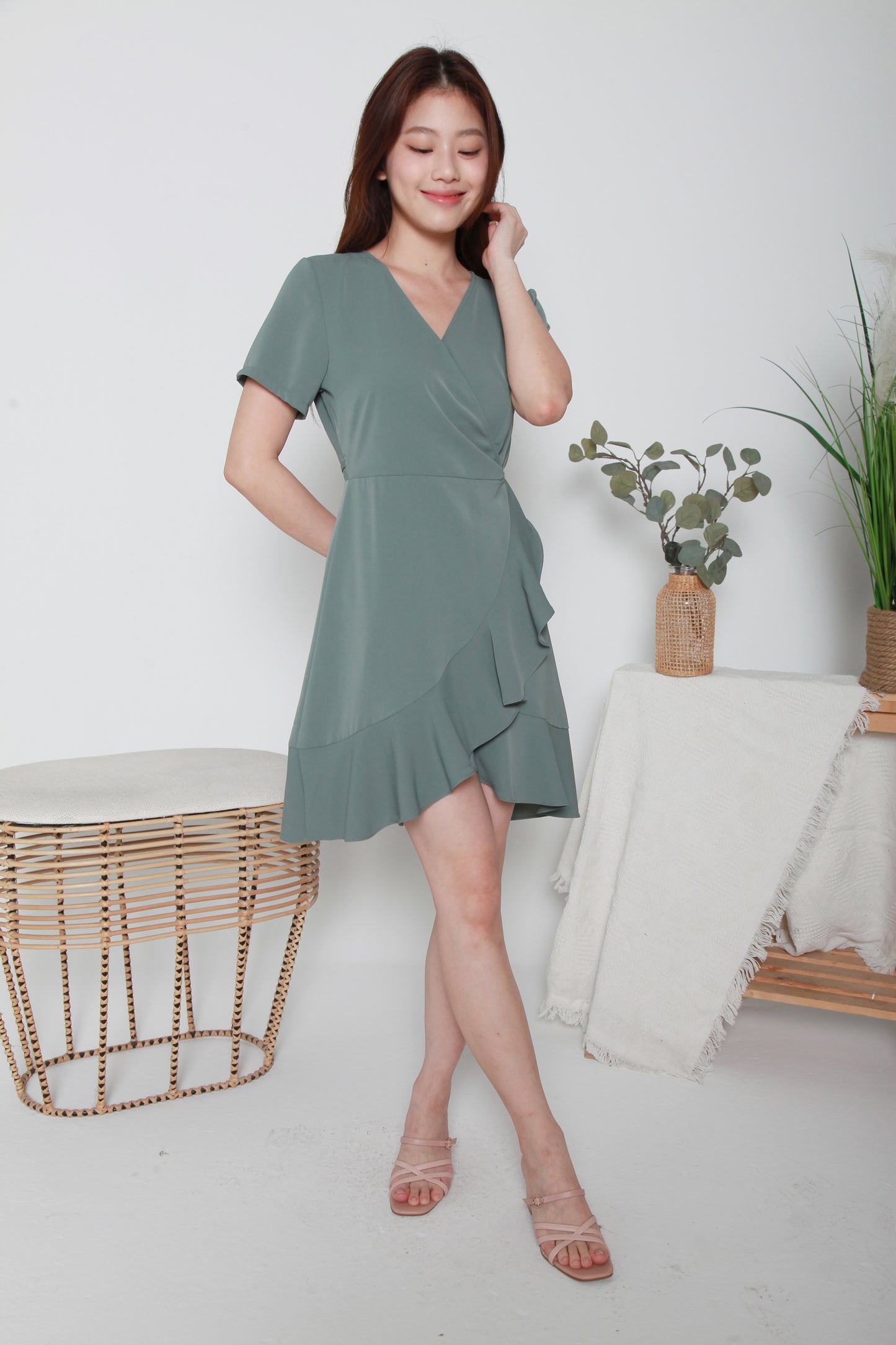 V-neck Asymmetrical Ruffle Wrap Dress (Full Wrap Dress)