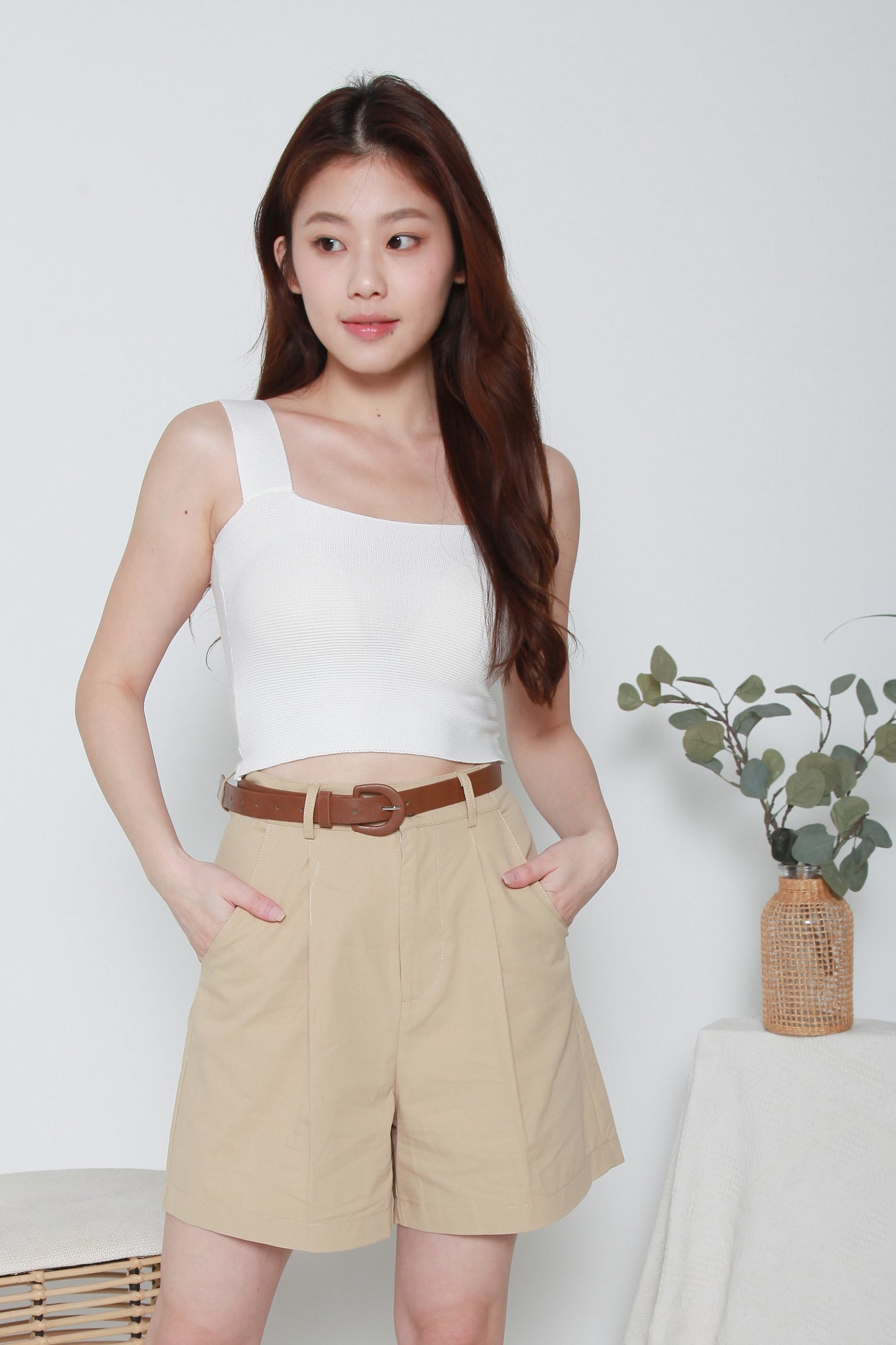 Brown Straight Cut Cotton Shorts with Belt