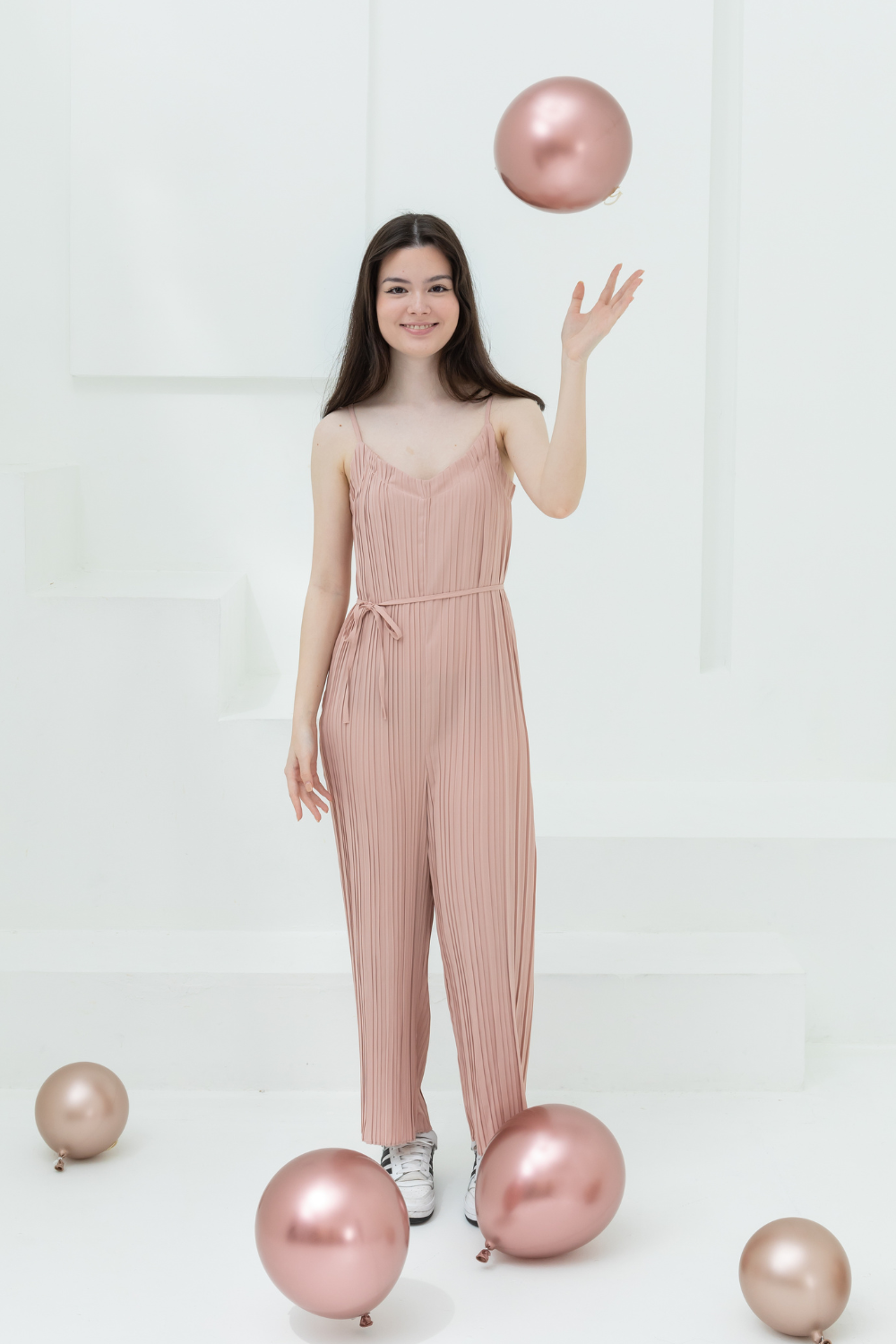 Sleeveless Pleated Sweetheart Jumpsuit (Crimson Red/Dusty Pink/Dark Purple)