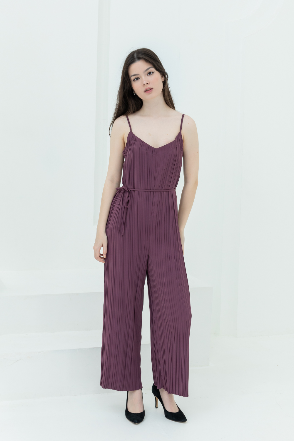 Sleeveless Pleated Sweetheart Jumpsuit (Crimson Red/Dusty Pink/Dark Purple)