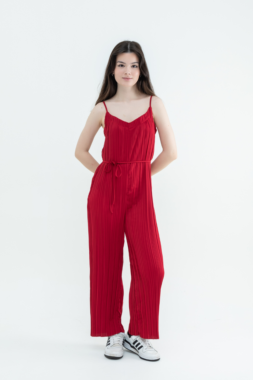 Sleeveless Pleated Sweetheart Jumpsuit (Crimson Red/Dusty Pink/Dark Purple)