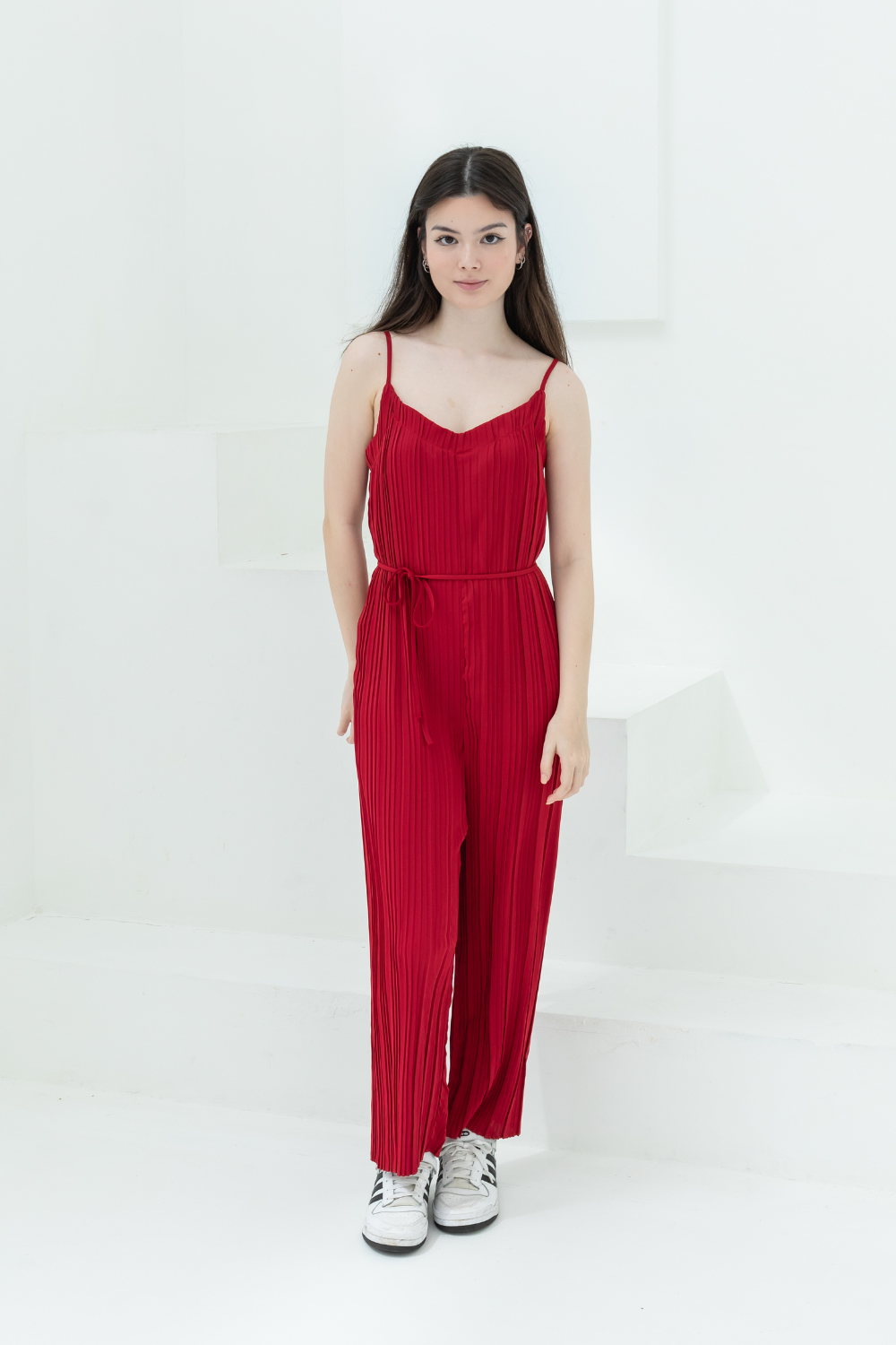 Sleeveless Pleated Sweetheart Jumpsuit (Crimson Red/Dusty Pink/Dark Purple)