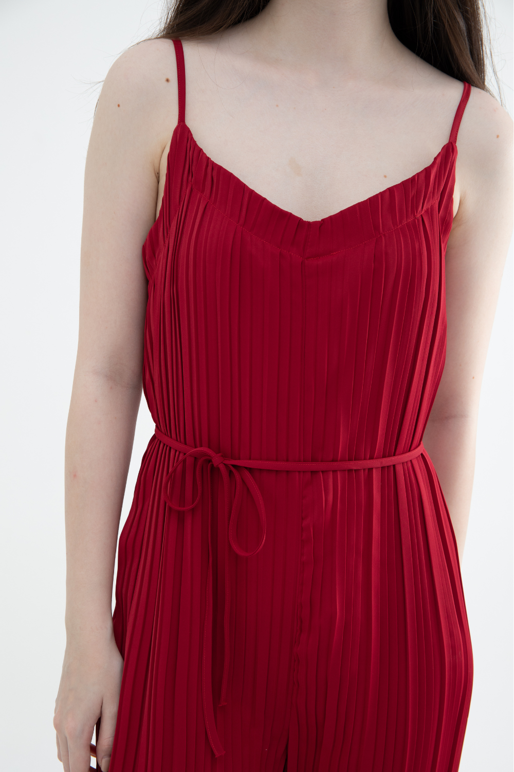 Sleeveless Pleated Sweetheart Jumpsuit (Crimson Red/Dusty Pink/Dark Purple)